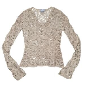 Vintage Y2K White House Black Market Crochet Knit Top Long Sleeve Cream XS